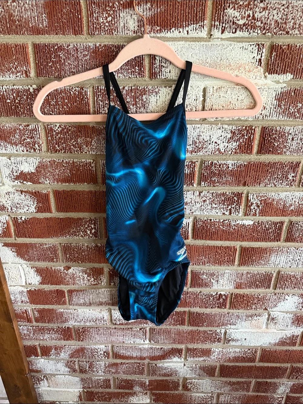 Speedo Endurance Blue Abstract Print One Piece Swimsuit Open Back Training Sz26